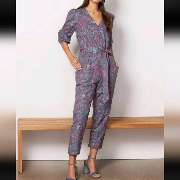 EVEREVE WOMENS floral Fall jumpsuit 3/4 ballon sleeves ockets cotton blend Small - Picture 1 of 15